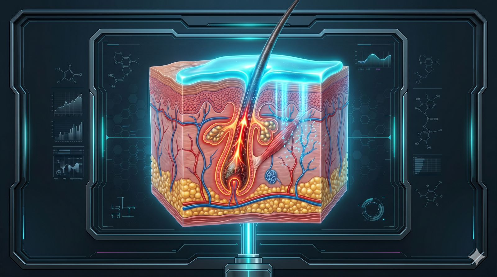 Futuristic 3D anatomical infographic showing how topical numbing agents block red pain signals in the skin's nerve endings during hair extraction.