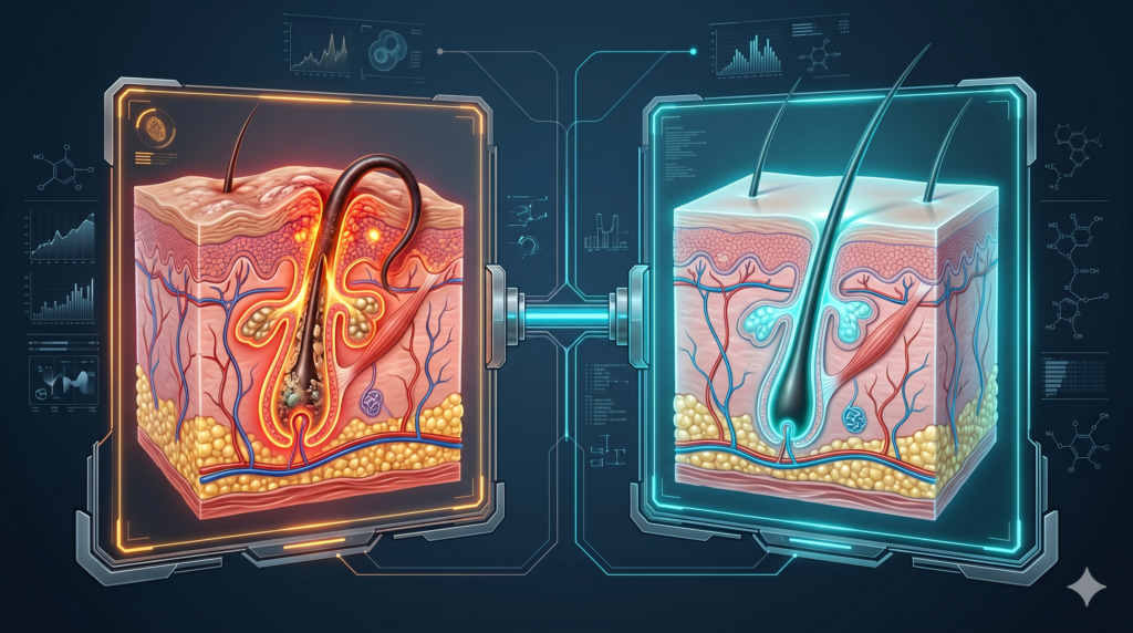 Futuristic 3D anatomical infographic comparing a blocked, inflamed ingrown hair follicle with a clear, BHA-optimized healthy follicle.
