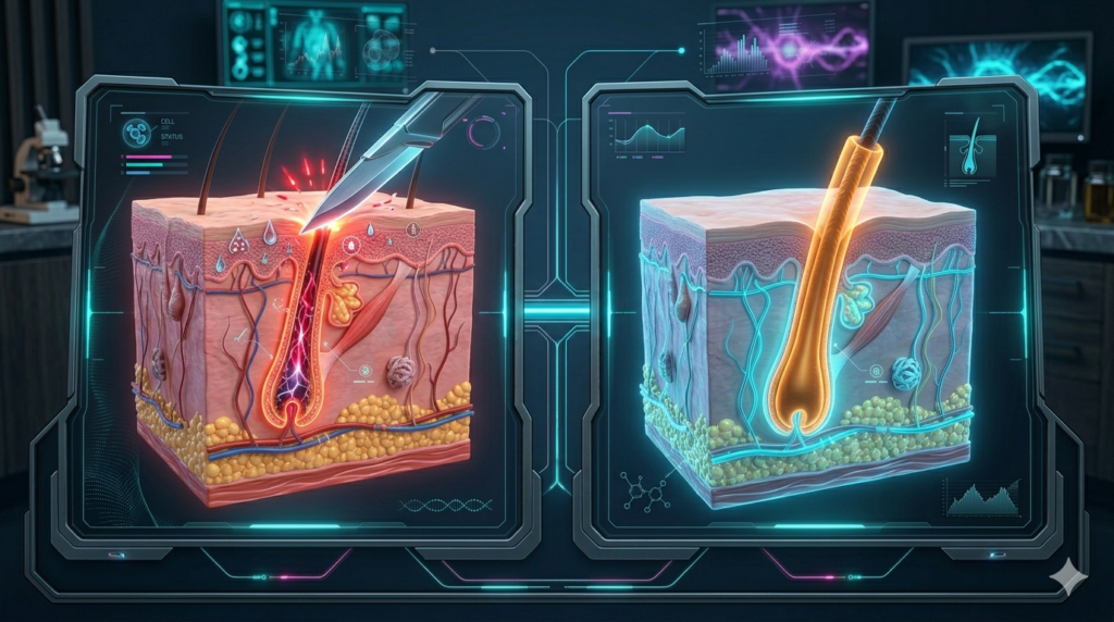 Futuristic 3D anatomical infographic comparing the epidermal trauma of razor shaving with the clean follicular extraction of hard wax.