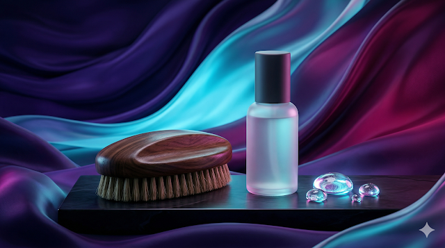 Cinematic representation of a premium wooden dry brush and clear hydration serums in a dark luxury aesthetic.