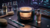 A dark luxury setup showing a professional wax warmer with cyan lighting next to clinical aesthetic tools on a slate surface.