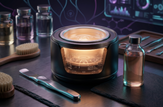 A dark luxury setup showing a professional wax warmer with cyan lighting next to clinical aesthetic tools on a slate surface.