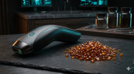 A sleek white laser IPL device placed next to amber premium hard wax beads on a dark luxury slate surface.