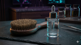 A premium wooden dry brush and a glass bottle of clear BHA liquid exfoliant resting on a dark luxury slate surface.