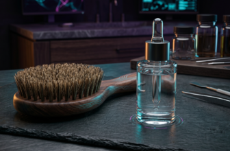 A premium wooden dry brush and a glass bottle of clear BHA liquid exfoliant resting on a dark luxury slate surface.
