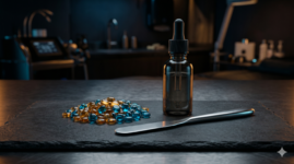 A clinical setup featuring premium hard wax beads, a metallic application spatula, and a biomimetic skin serum on a dark slate surface.