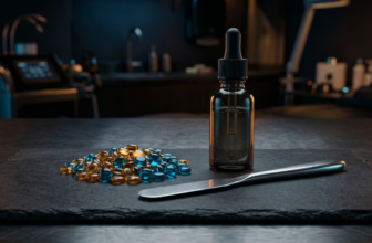 A clinical setup featuring premium hard wax beads, a metallic application spatula, and a biomimetic skin serum on a dark slate surface.