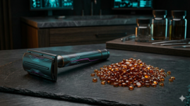 A metallic safety razor placed next to premium amber hard wax beads on a dark slate surface, contrasting the two hair removal methods.