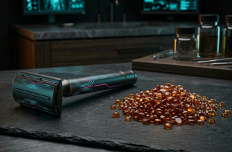 A metallic safety razor placed next to premium amber hard wax beads on a dark slate surface, contrasting the two hair removal methods.