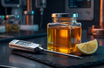 A high-end digital cooking thermometer next to a glass jar filled with golden amber sugar paste on a dark slate surface.
