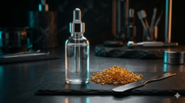 A sleek bottle of BHA exfoliant and premium hard wax beads placed on a dark slate surface, representing the preparation for a first-time wax.