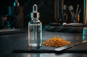 A sleek bottle of BHA exfoliant and premium hard wax beads placed on a dark slate surface, representing the preparation for a first-time wax.